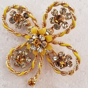Vintage 4-leaf clover pin gold overlay/clear/amber; gently used; 1960's